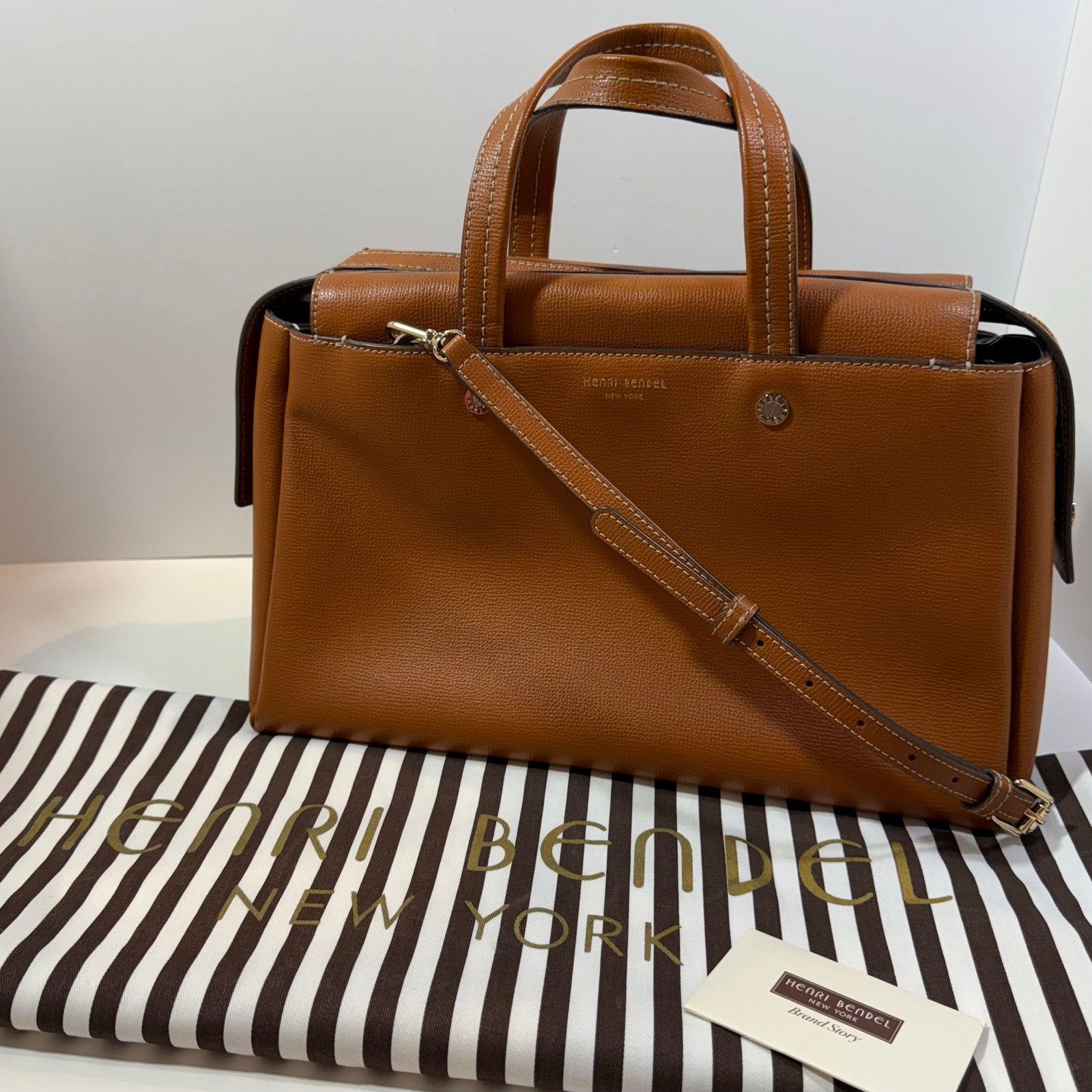 Henri Bendel Bowery Satchel Crossbody Brown Zippered Chic Tote Work Bag